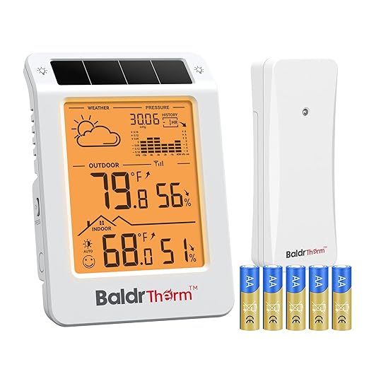 BaldrTherm Wireless Weather Station, Dual-Zone Indoor & Outdoor/Childroom Temp Humidity Monitor, Auto Smart Backlight,Temp/Humidity/Barometric Trend Visualization, White&Orange