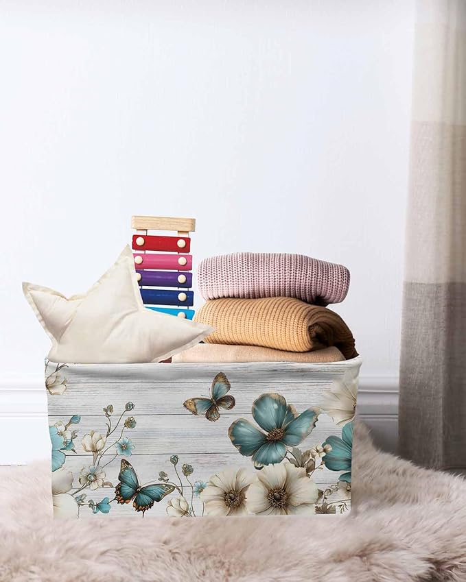 Teal Tulip Butterfly Storage Bins Cubes Waterproof Cloth Storage Basket,Beige Turquoise Floral Grey Wooden Foldable Storage Bags for Shelf Clothes Storages Organizers with Handles 15x11x9.5 in 2PCS