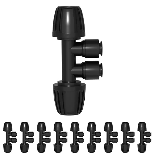Bonviee 10 Pack 5/16” to 1/4” Reducing Tee Connectors, Split 5/16” Tubing into Two 1/4” Branches, Push-to-Connect Fast Install Drip Irrigation Fittings, Leak-Proof Adapter for Garden, Lawn, Greenhouse