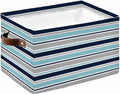 Grey Blue Striped Storage Bins Cubes Waterproof Cloth Storage Basket,Farmhouse Stripes Abstract Art Navy Blue Foldable Storage Bags for Shelf Clothes Storages Organizers with Handles 15x11x9.5 in 1PCS