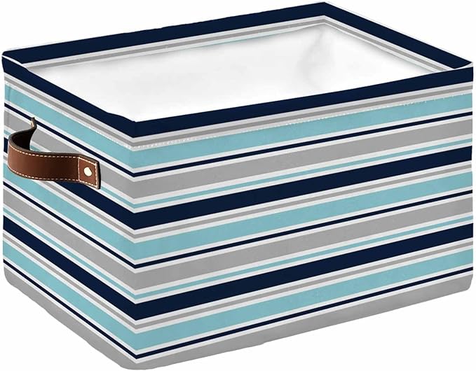 Grey Blue Striped Storage Bins Cubes Waterproof Cloth Storage Basket,Farmhouse Stripes Abstract Art Navy Blue Foldable Storage Bags for Shelf Clothes Storages Organizers with Handles 15x11x9.5 in 1PCS