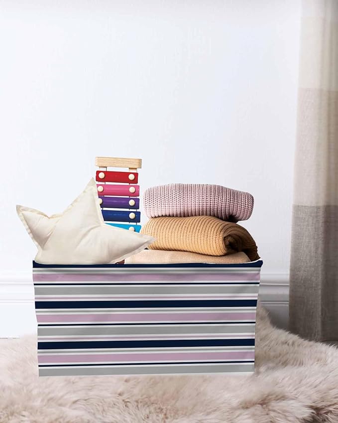 Pink Grey Striped Storage Bins Cubes Waterproof Cloth Storage Basket,Farmhouse Stripes Modern Abstract Art Foldable Storage Bags for Shelf Clothes Storages Organizers with Handles 15x11x9.5 in 2PCS