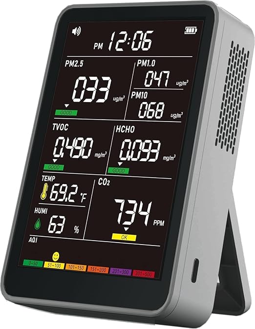 Professional Indoor Air Quality Monitor with AQI Alerts, Portable Real-Time Detector for Home, Car, Plants & Pet (Concrete Gray)