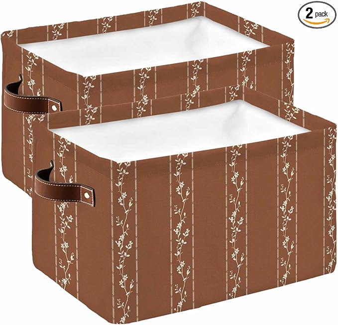 Brown Flowers Branch Storage Bins Cubes Waterproof Cloth Storage Basket, Spring Summer Farmhouse Botanical Foldable Storage Bags for Shelf Closet Clothes Organizers with Handles 15x11x9.5 in 2PCS