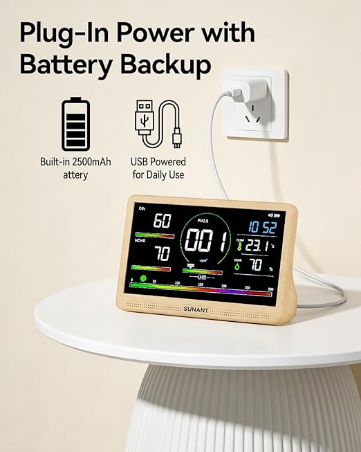 16-in-1 Air Quality Monitor Indoor, 7' Smart Large Display 9 AQI+7 Alarm Alerts, Real Time CO2, Formaldehyde, TVOC, PM2.5, PM10, Temperature & Humidity Portable Battery Powered Tester for Home, Office