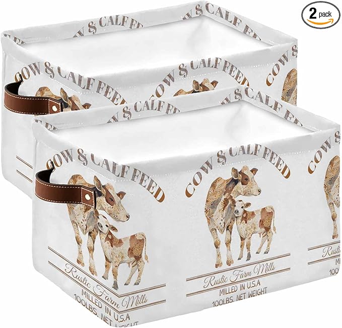 Beige Farm Animals Storage Bins Cubes Waterproof Cloth Storage Basket, Cow Farmhouse Foldable Storage Bags for Shelf Closet Clothes Storages Organizers with Handles 15x11x9.5 in 2PCS