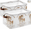 Beige Farm Animals Storage Bins Cubes Waterproof Cloth Storage Basket, Cow Farmhouse Foldable Storage Bags for Shelf Closet Clothes Storages Organizers with Handles 15x11x9.5 in 2PCS