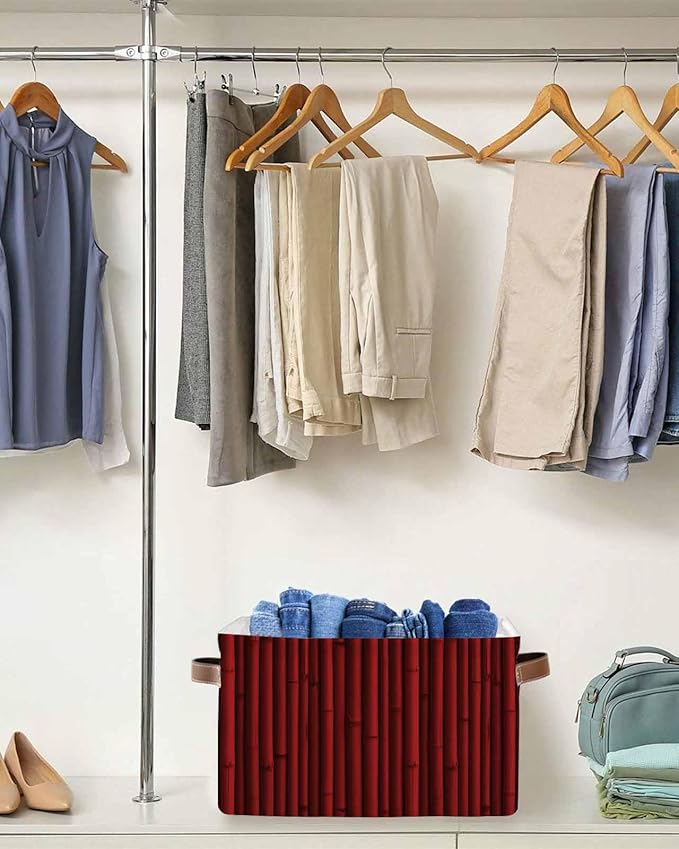 Red Plants Texture Storage Bins Cubes Waterproof Cloth Storage Basket, Vintage Country Trees Pattern Foldable Storage Bags for Shelf Closet Clothes Storages Organizers with Handles 15x11x9.5 in 2PCS