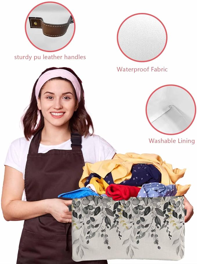 Grey Eucalyptus Storage Bins Cubes Waterproof Cloth Storage Basket, Farmhouse Weeping Leaves on Linen Foldable Storage Bags for Shelf Closet Clothes Storages Organizers with Handles 15x11x9.5 in 2PCS