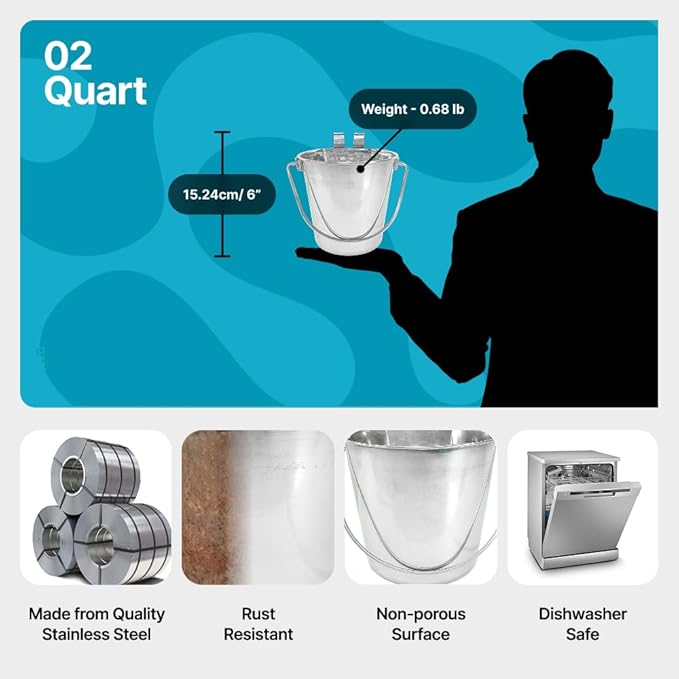 Half Gallon Stainless Steel Bucket - Heavy Duty Flat-Side Metal Bucket for Pets & Livestock Feeding - Rust Resistant Water Bucket with Hooks for Kennels, Cages, Crates & Fences - 2 Quart