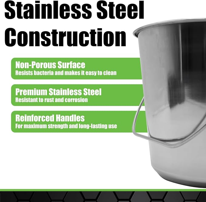 Grip Stainless Steel Bucket (2 Gallon) - Great for Pets, Cleaning, Food Prep - Hang on Fences, Cages, Kennels - Home, Garage, Workshop