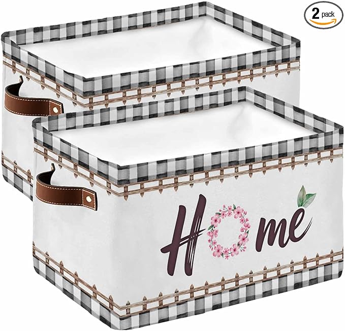 Spring Flowers Storage Bins Cubes Waterproof Cloth Storage Basket, Watercolor Floral Leaf Black Plaid Foldable Storage Bags for Shelf Closet Clothes Storages Organizers with Handles 15x11x9.5 in 2PCS