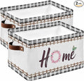 Spring Flowers Storage Bins Cubes Waterproof Cloth Storage Basket, Watercolor Floral Leaf Black Plaid Foldable Storage Bags for Shelf Closet Clothes Storages Organizers with Handles 15x11x9.5 in 2PCS