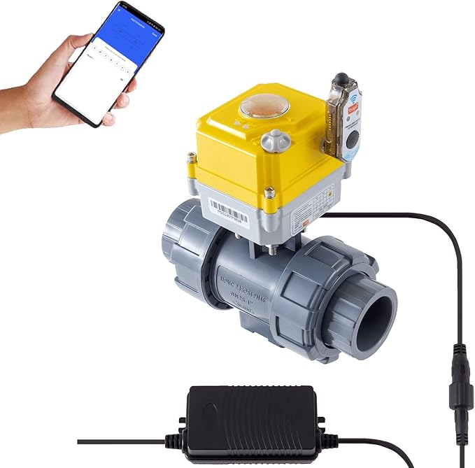Smart electric valve 1 1/4 inch PVC joint ball valve Tuya APP smart wifi water shut-off valve DC24V AC110V-230V power adapter and power-off automatic return setting timing water valve DN32MM