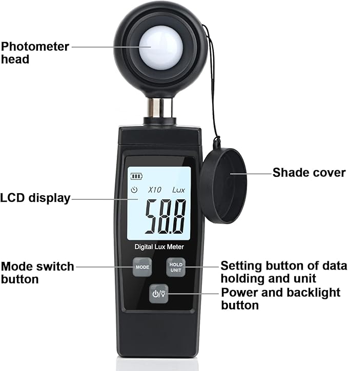 Light Meter, XRCLIF Handheld Lux Meter for Ambient Light Intensity Monitoring, Digital Photometer Range up to 200,000 Lux, Photo Illuminance Sensor with MAX/MIN Data Hold for Grow Plants Led