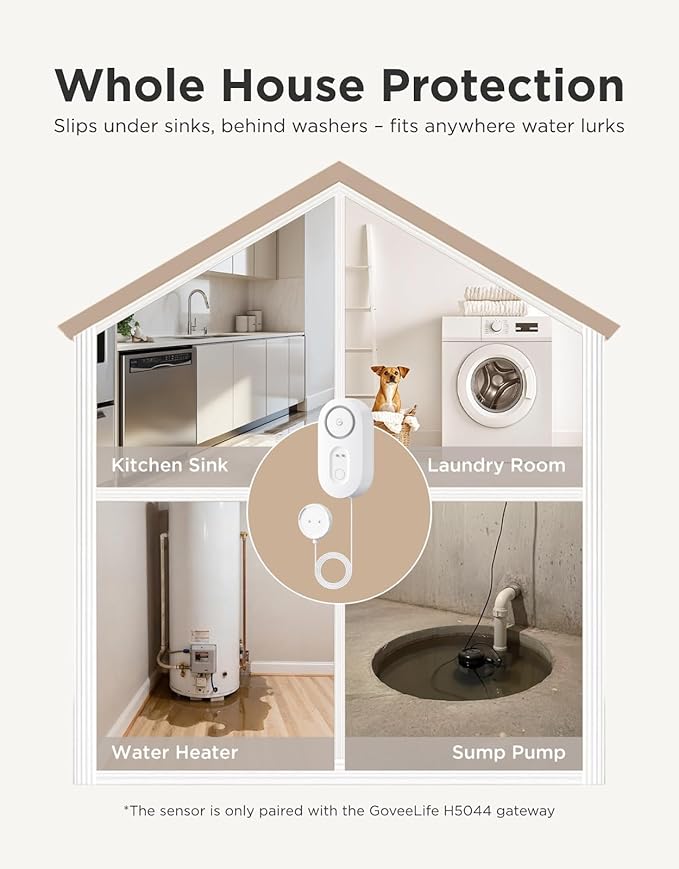 GoveeLife Water Leak Detector 1s with 4.92 ft Sensor Cable, Water Sensor with 105dB Adjustable Alarm, 5-Year Battery Life, IP67 Waterproof, Suitable for Homes & Basements