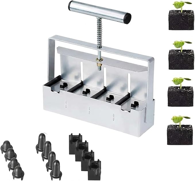 Soil Blocker 4 Cell 2 Inch – Heavy Duty Stainless Steel Soil Block Maker with Ergonomic Handle & 3 Size Seed Pins – Handheld Soil Blocker for Seed Starting, Greenhouse, Garden Tools