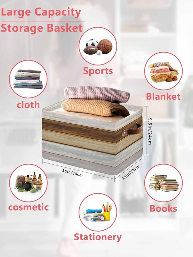 Vintage Brown Wood Storage Bins Cubes Waterproof Cloth Storage Basket, Farmhouse Wooden Plank Rustic Foldable Storage Bags for Shelf Closet Clothes Storage Organizers with Handles 15x11x9.5 in 1PCS