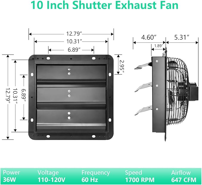 10 Inch Shutter Exhaust Fan,Wall Mount Ventilator Fan with ON/OFF Switch,Attic Chicken Coops Vent Fan for Greenhouse, Gable, Barn, Garage, Shed Ventilation Fans 647CFM,1700 RPM
