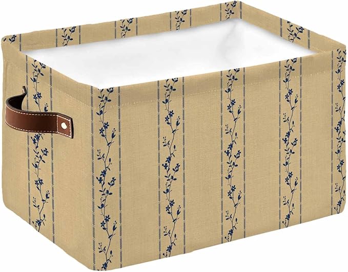 Khaki Flower Branch Storage Bins Cubes Waterproof Cloth Storage Basket, Spring Summer Farmhouse Botanical Foldable Storage Bags for Shelf Closet Clothes Organizers with Handles 15x11x9.5 in 1PCS