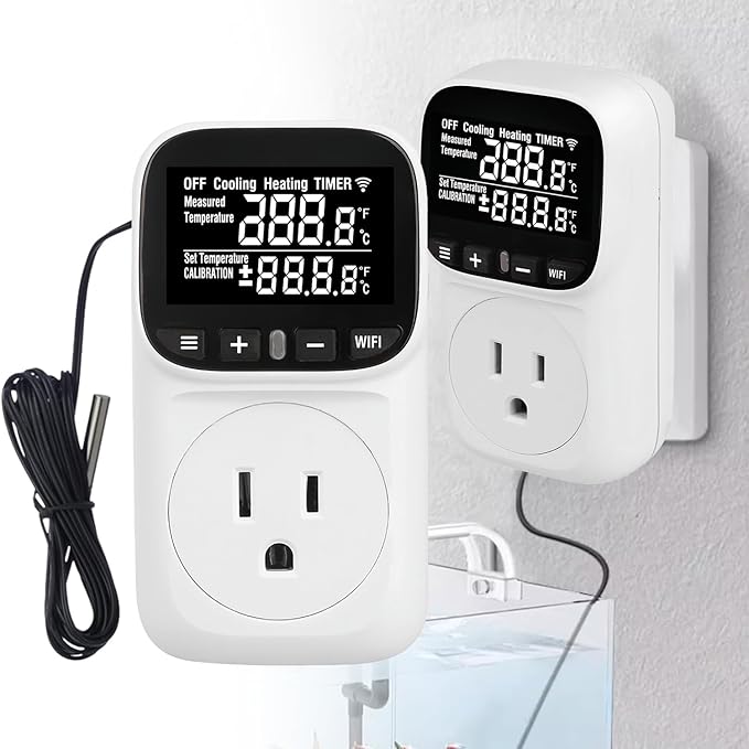 WiFi Digital Temperature Controller, Plug in Thermostat Outlet with Duration Timer & Smart Memory, -40℉~212℉, 16A/1800W, IP67 Waterproof Probe for Incubator, Homebrew, Reptile.