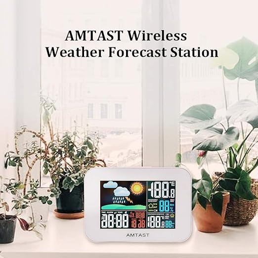 Wireless Weather Station Color Display Digital Weather Station with High Precision Sensor Indoor Outdoor Thermometer with Atomic Clock, Temperature, Humidity, Weather Forecast (Model AW-005)