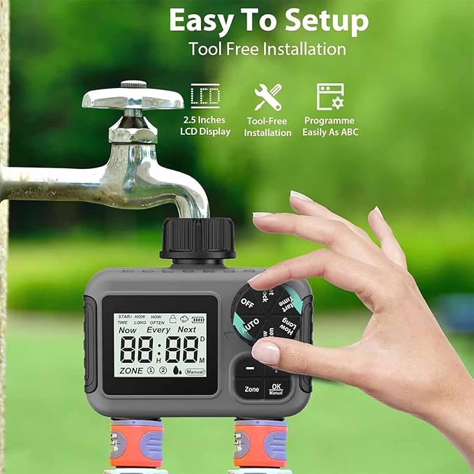 ERICAT 2 Zone Sprinkler Timer Automatic Irrigation Water Timer, Programmable Garden Hose Water-Saving Irrigation Controller with Digital Display and Electronic Lock, Stable Operation, for Yard