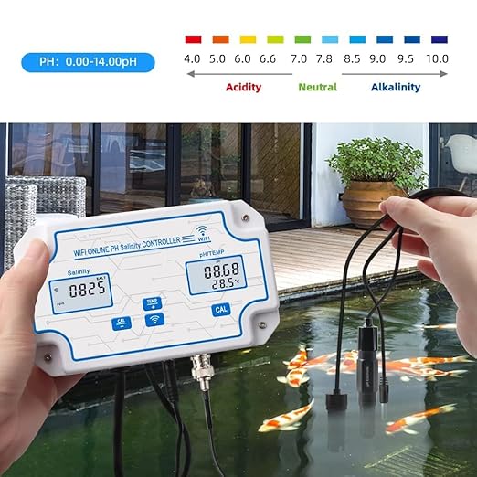 WiFi Pool Salt Tester and pH Monitor, Aquarium pH Monitor with pH Controller Online, Salinity Tester for Saltwater Pool Koi Fish Pond Aquaculture Aquarium Desalination Tuya APP Control