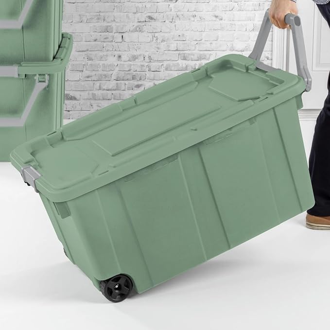 Plastic Storage Bin, 40 Gallon Lidded Stackable Storage Box with Latch Lid, Light Green, 2 Count