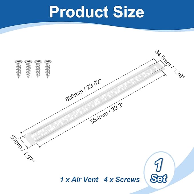 uxcell Aluminum Alloy Air Vents, 600 x 50mm / 23.6 x 2" Rectangle Louvered Ventilation Grille Cover with Mounting Screws for Door Cabinet Wardrobe, White