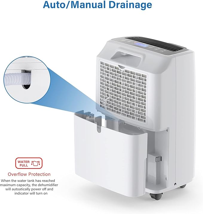 Yaufey 2500 Sq. Ft Dehumidifier for Home and Basements with Auto or Manual Drainage, 0.48 Gallon Water Tank Capacity -Low Noise and 24 Hr Timer