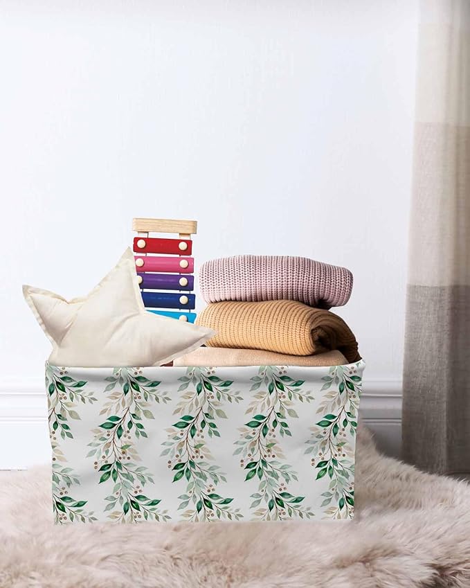 Farmhouse Leaves Storage Bins Cubes Waterproof Cloth Storage Basket, Botanical Green Branch Summer Berry Foldable Storage Bags for Shelf Closet Clothes Organizers with Handles 15x11x9.5 in 2PCS