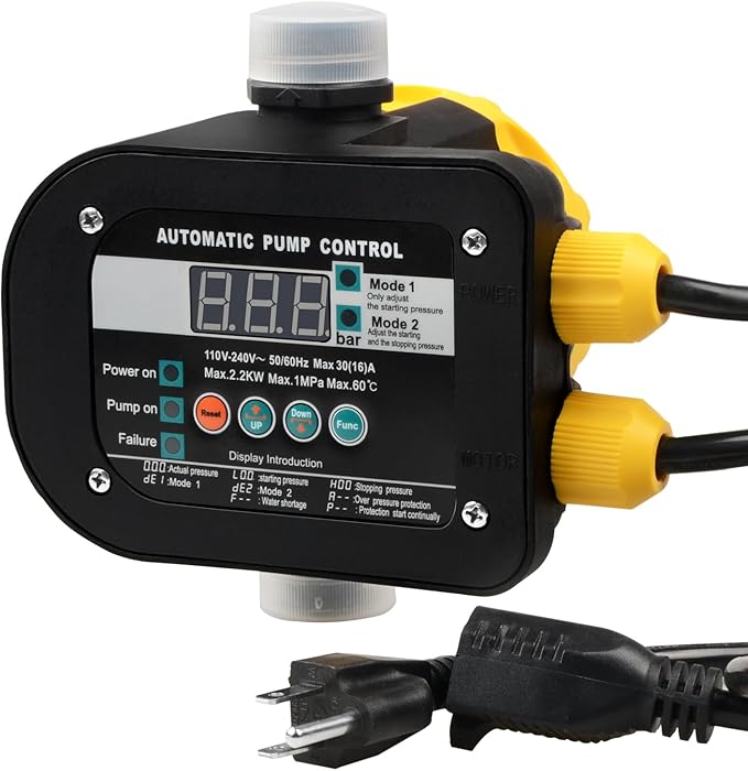 Smart Pump Controller with 2 Modes Digital Display, BSPP G1 Threaded Interface, Adjustable Pressure, High Power, Easy Install, for Home, Garden, Industrial Use