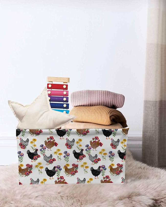 Farmhouse Rooster Storage Bins Cubes Waterproof Cloth Storage Basket,Country Watercolor Flowers Wood Grain Foldable Storage Bags for Shelf Clothes Storages Organizers with Handles 15x11x9.5 in 2PCS