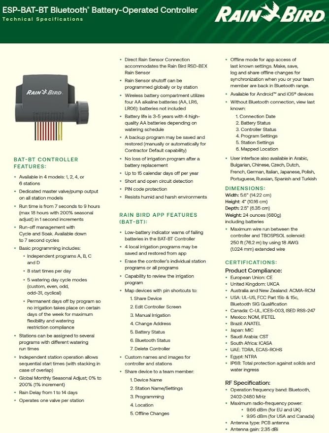 Rain Bird ESP-BAT-BT4 Advanced Bluetooth Battery-Operated Controller 4 Zone App-Controlled Irrigation Timer