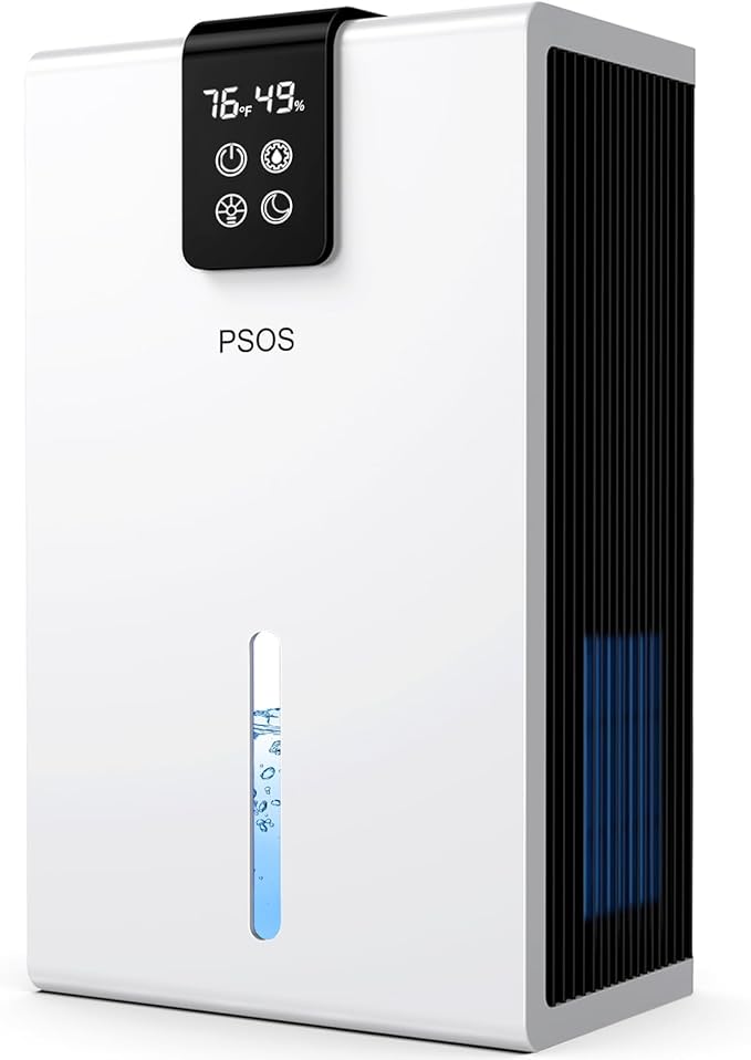 PSOS Dehumidifier, Dehumidifiers for Home, 98 OZ Water Tank, (1000 sq.ft) Quiet Dehumidifier for Basement Bathroom Bedroom with Humidity Display, Auto Shut Off, Relaxing 7 Color Ambient Light(White)