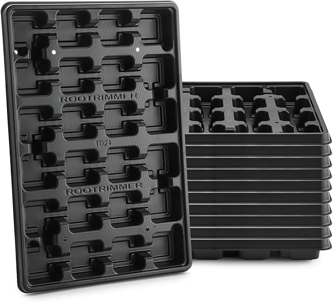 RooTrimmer 24 Cell Nursery Pots Trays 10 Pack (17"x11"x1.6"), Reusable Plastic Plant Pot Tray with Drain Holes, Carrying Seed Starter Tray for Holding 2.8 inch (7CM) Square Nursery Pots (Black)