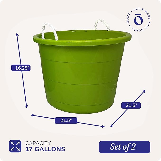 HOMZ 2-Pack Utility Tub, Large Plastic Storage Bucket with Rope Handles, 17 Gallon, Green - Portable Indoor and Outdoor Buckets for Kitchen, Laundry, Garden, Bathroom, and Garage Organization