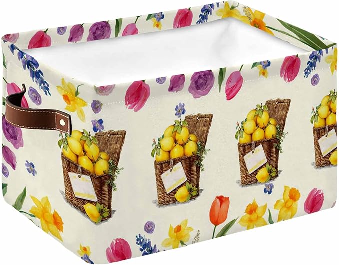 Spring Floral Storage Bins Cubes Waterproof Cloth Storage Basket, Watercolor Lemons Garden Flowers Farmhouse Foldable Storage Bags for Shelf Closet Clothes Organizers with Handles 15x11x9.5 in 1PCS
