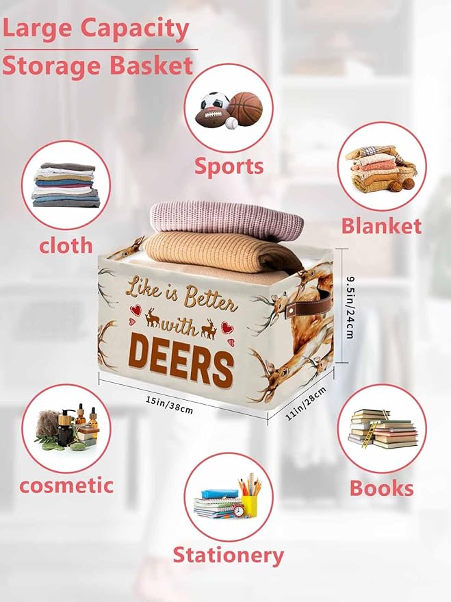 Orange Deer Storage Bins Cubes Waterproof Cloth Storage Basket, Wildlife Elk Animals Rustic Farmhouse Foldable Storage Bags for Shelf Closet Clothes Storages Organizers with Handles 15x11x9.5 in 1PCS