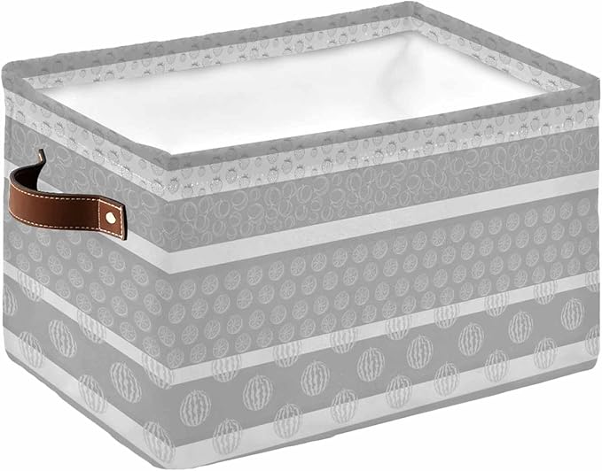 Farm Fruits Storage Bins Cubes Waterproof Cloth Storage Basket,Watermelon Lemons Peach Strawberry Grey Striped Foldable Storage Bags for Shelf Storages Organizers with Handles 15x11x9.5 in 1PCS