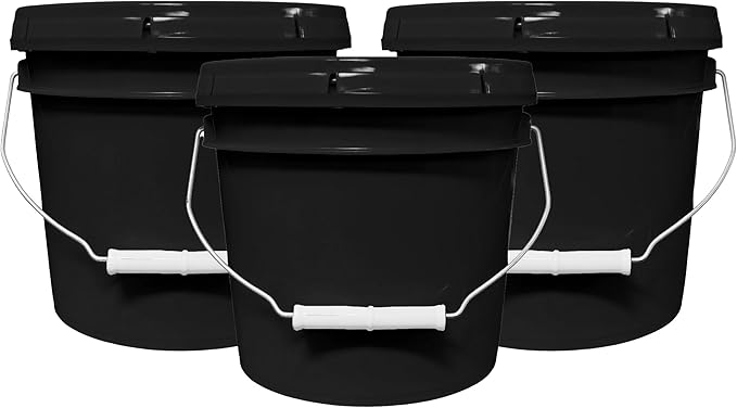 MKS Plastics 1-Gallon Bucket with Airtight Lid – Made in USA, Food Grade BPA Free Plastic, Heavy Duty Multi-Use, Metal Handle with Grip, Stackable Storage – Black, 3 Pack