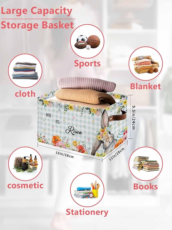 Easter Plaid Storage Bins Cubes Waterproof Cloth Storage Basket,Spring Watercolor Bunny Flower Teal Checkered Foldable Storage Bags for Shelf Clothes Storages Organizers with Handles 15x11x9.5 in 1PCS