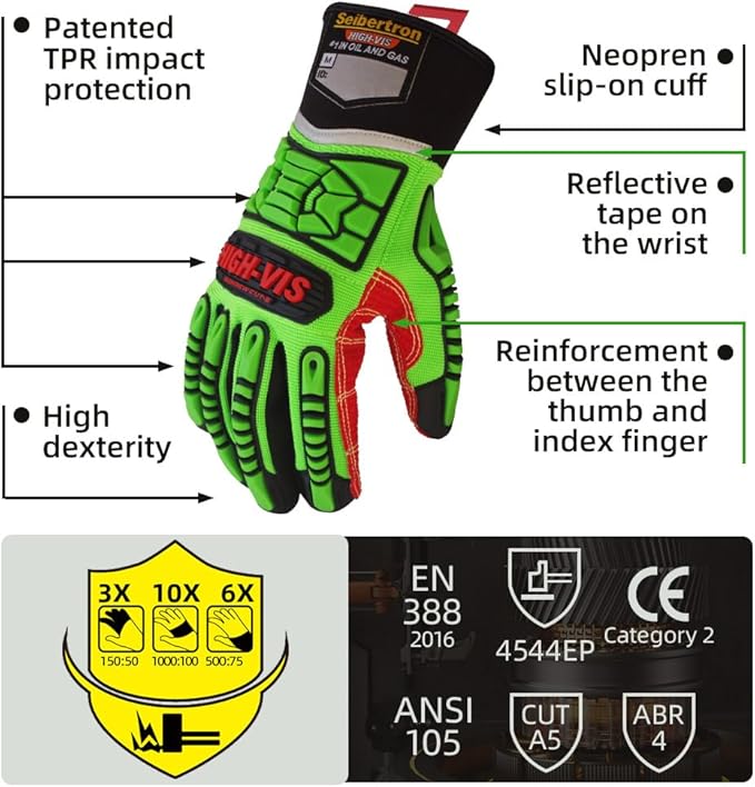 Seibertron High-Vis Series Cut Resistant Reducing Anti-Impact Mechanics Heavy Duty Safety Rescue Oil and Gas Gloves