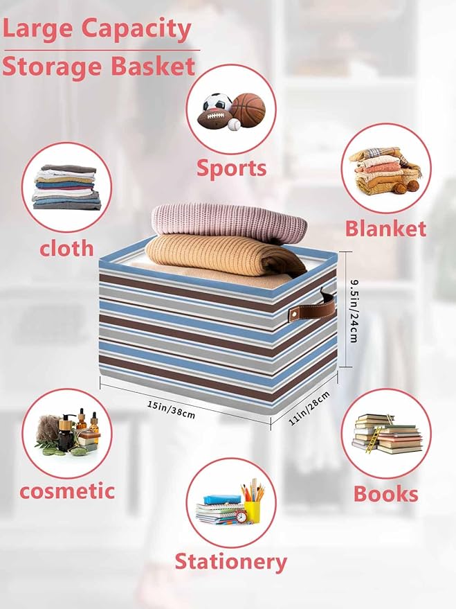 Blue Brown Striped Storage Bins Cubes Waterproof Cloth Storage Basket,Farmhouse Stripes Modern Abstract Art Foldable Storage Bags for Shelf Clothes Storages Organizers with Handles 15x11x9.5 in 2PCS