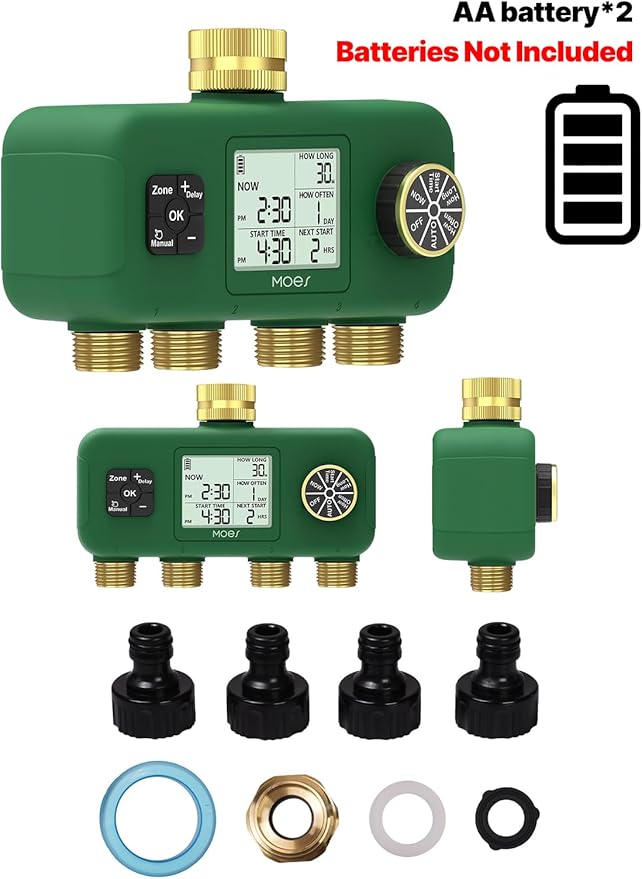 MOES 4 Zone Water Timer for Garden Hose, Heavy Duty Solid Brass Inlet & Outlets, Programmable Sprinkler Timer Battery Operated, 4 Way Faucet Valve with Sequential Watering (Non-WiFi)