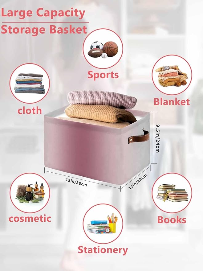 Pink Grey Ombre Storage Bins Cubes Waterproof Cloth Storage Basket, Farmhouse Gradient Minimalist Foldable Storage Bags for Shelf Closet Clothes Storages Organizers with Handles 15x11x9.5 in 2PCS
