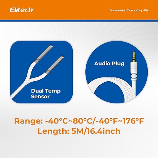 Elitech Dual Temperature Probe for RCW-360Pro, -40°F to 176°F, 16.4ft Cable Auto-Detection Digital Sensor with Individual Calibration Certificate for Medical Pharma Validation, TD3X-TDE-R-5M