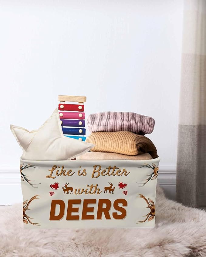 Orange Deer Storage Bins Cubes Waterproof Cloth Storage Basket, Wildlife Elk Animals Rustic Farmhouse Foldable Storage Bags for Shelf Closet Clothes Storages Organizers with Handles 15x11x9.5 in 1PCS