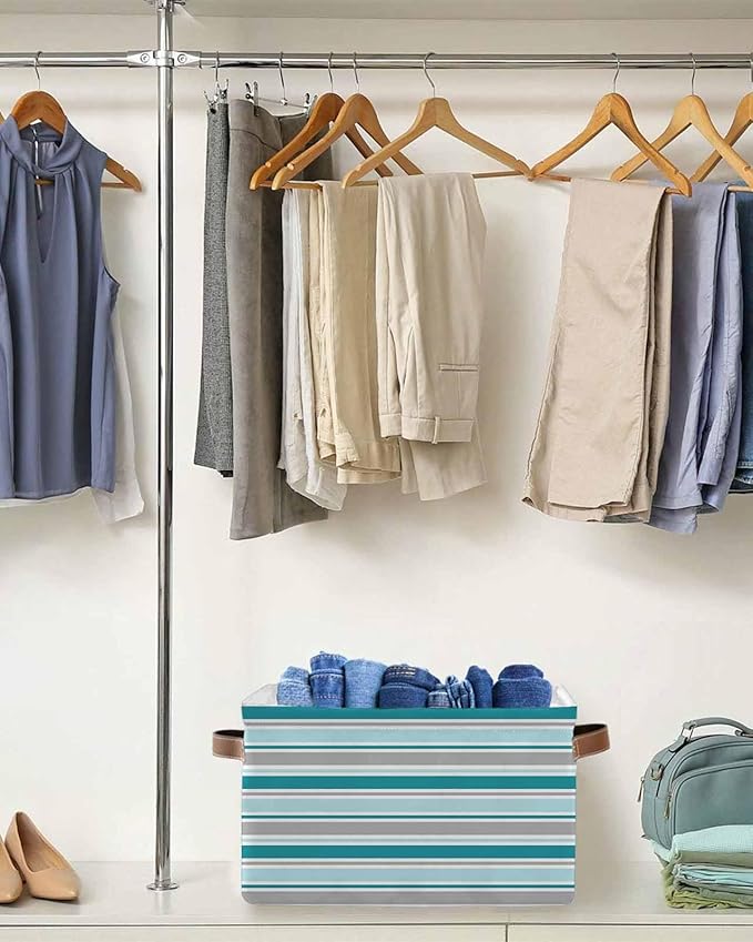 Grey Blue Striped Storage Bins Cubes Waterproof Cloth Storage Basket,Farmhouse Stripes Modern Abstract Art Foldable Storage Bags for Shelf Clothes Storages Organizers with Handles 15x11x9.5 in 1PCS
